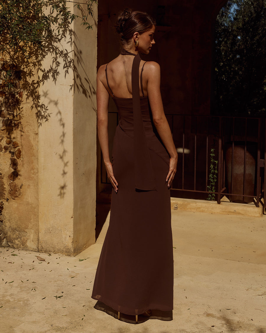 LIORA DRAPED SCARF MAXI DRESS - CHOCOLATE