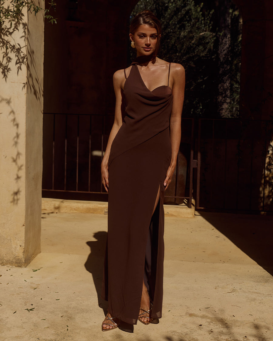 LIORA DRAPED SCARF MAXI DRESS - CHOCOLATE