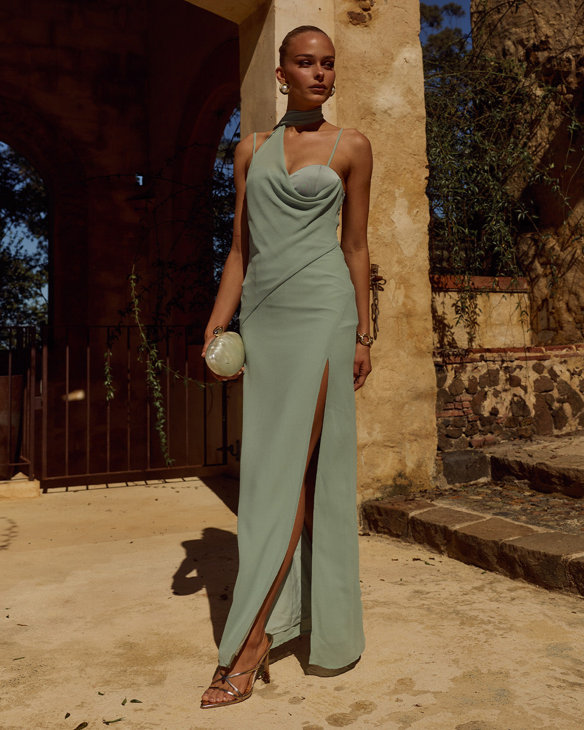 LIORA DRAPED SCARF MAXI DRESS - SAGE