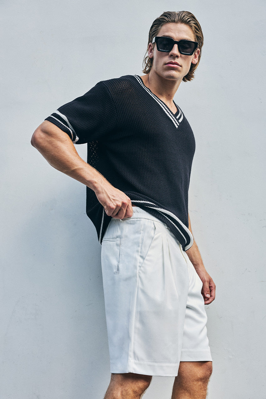 MAKKA V-NECK SHORT SLEEVE KNIT TOP - BLACK