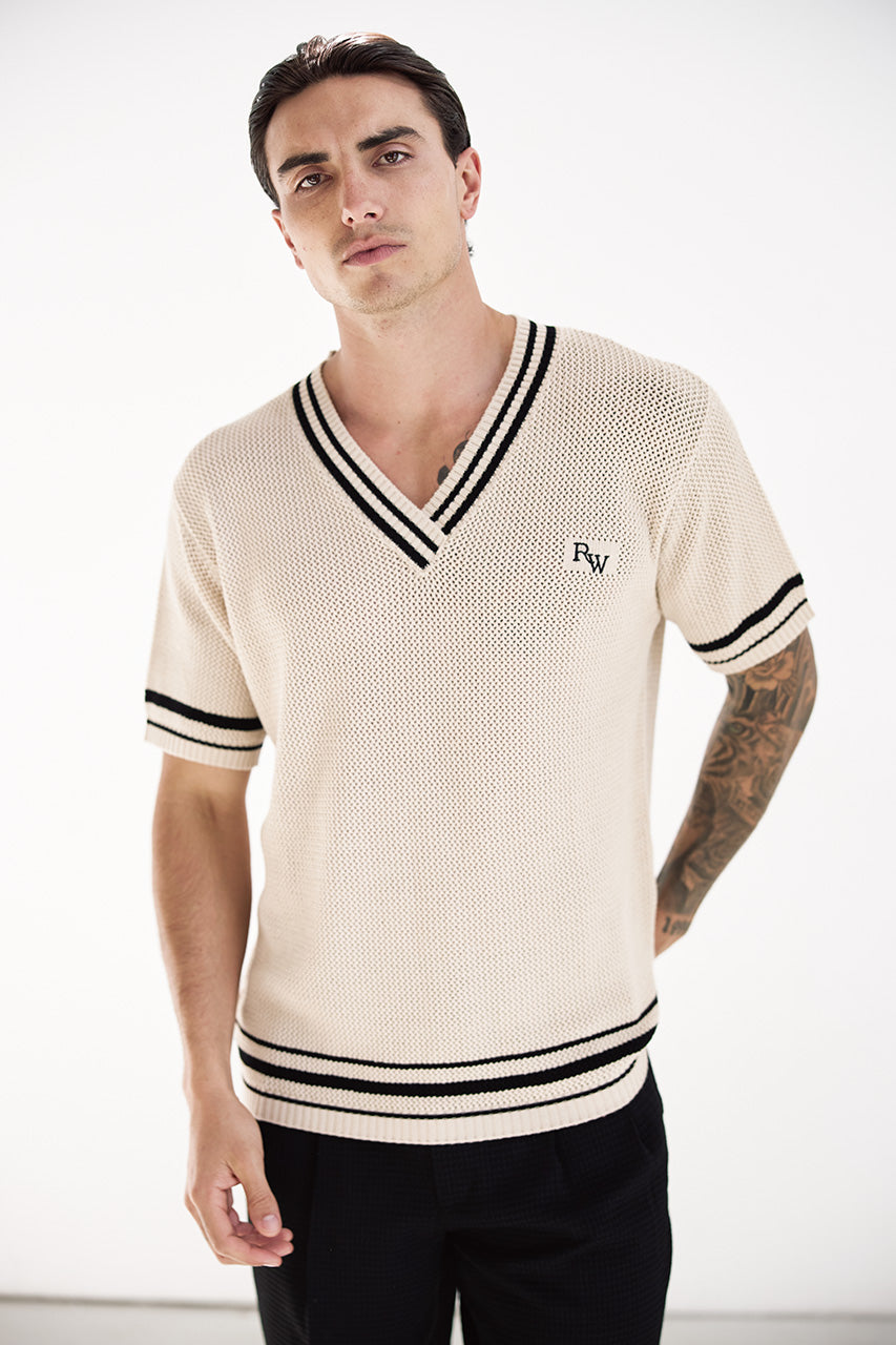 MAKKA V-NECK SHORT SLEEVE KNIT TOP - SAND
