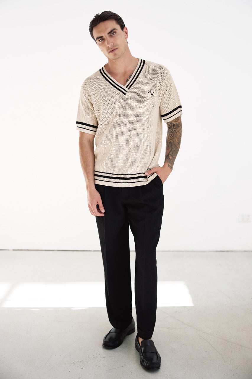 MAKKA V-NECK SHORT SLEEVE KNIT TOP - SAND