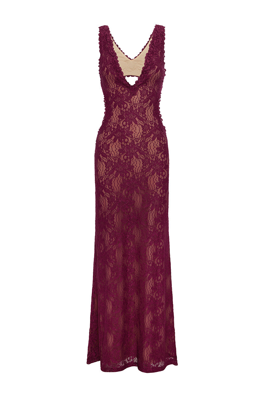 MAURA BACK CUTOUT LACE MAXI DRESS - WINE