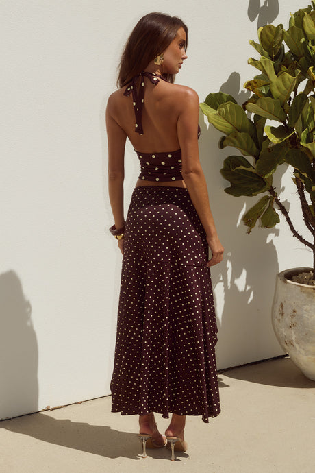 MELODY FLOUNCE MIDI SKIRT - CHOC/LEMON POLKA