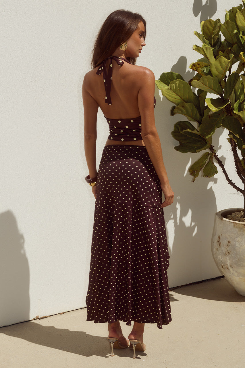 MELODY FLOUNCE MIDI SKIRT - CHOC/LEMON POLKA