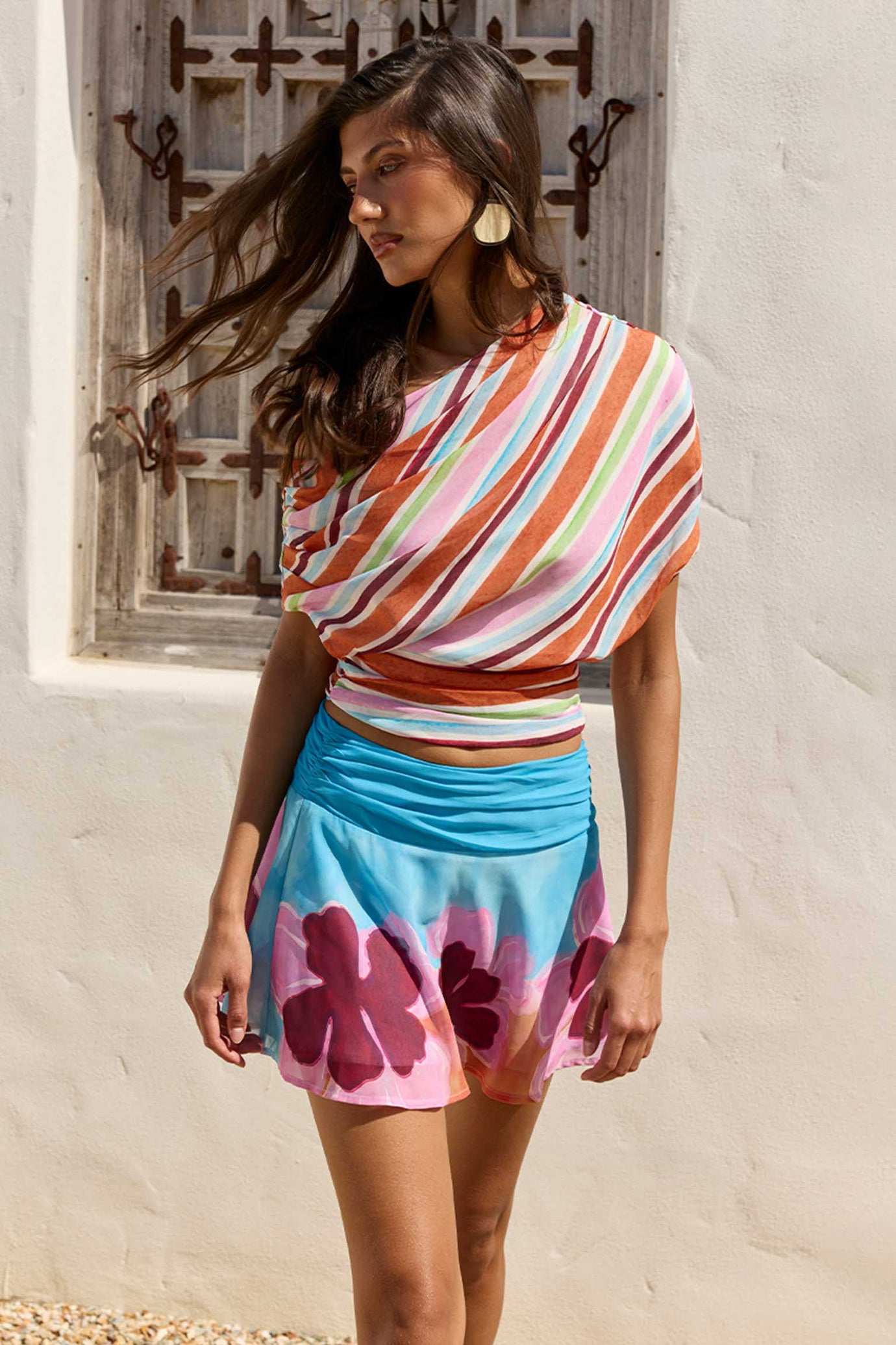 TULLAH ONE SHOULDER GATHERED TOP - TULLAH ORANGE/PINK