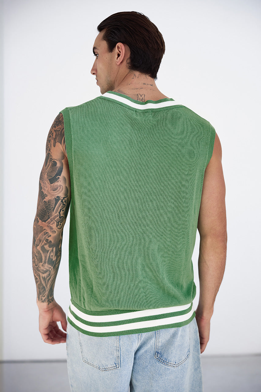 MONTGOMERY V-NECK KNIT TOP - KHAKI/WHITE