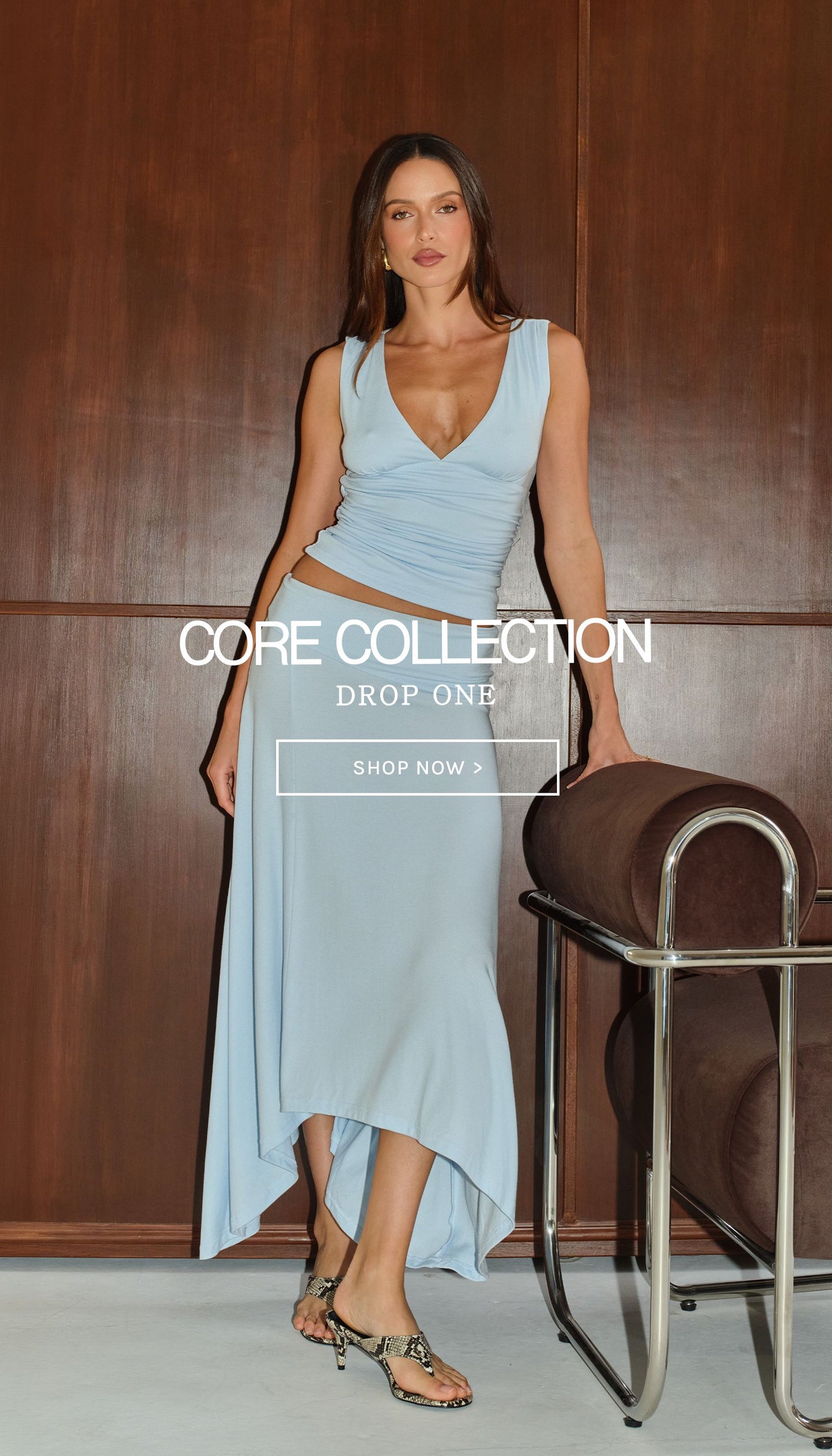 Woman in light blue matching set