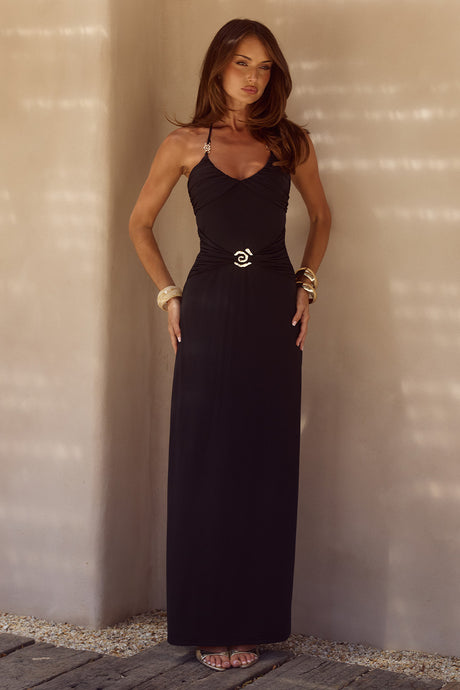 NINA RUCHED HALTER MAXI DRESS - BLACK