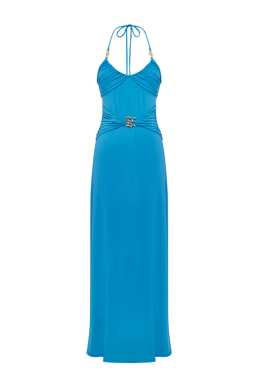 NINA RUCHED HALTER MAXI DRESS - OCEAN
