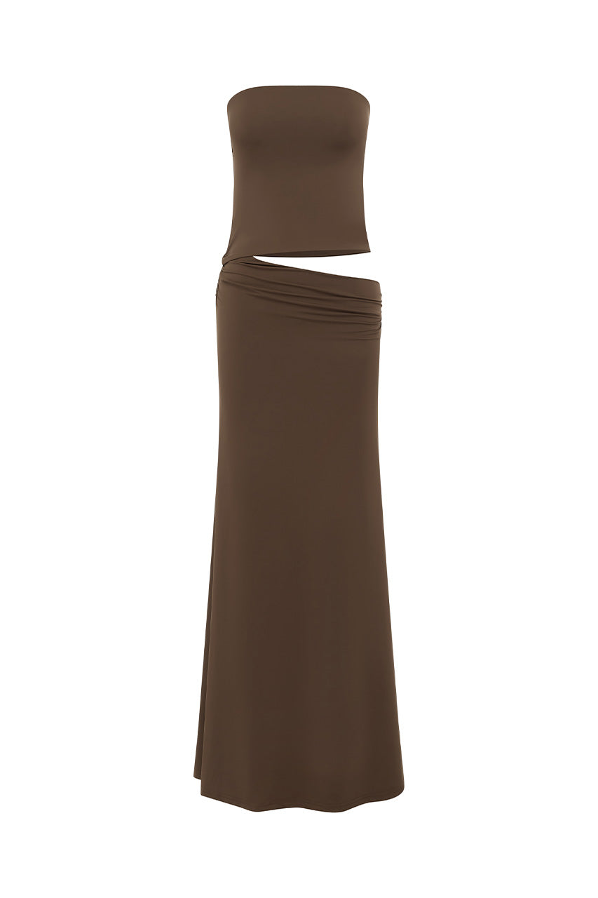 PIPER STRAPLESS CUTOUT MAXI DRESS - CHOCOLATE