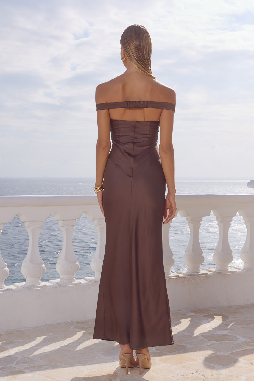 RAPHAELLA OFF SHOULDER MAXI DRESS - BITTER CHOCOLATE