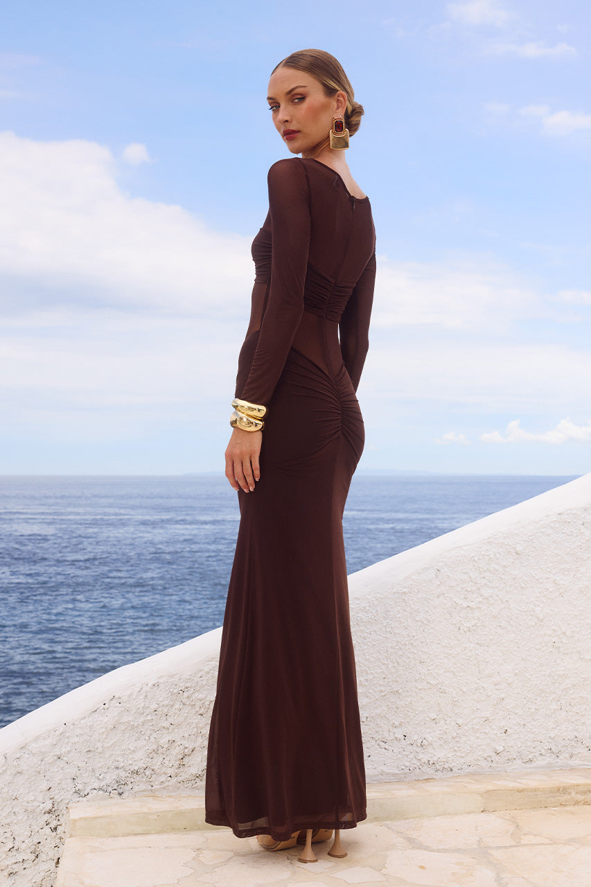 Runaway The Label ROMY RUCHED MAXI DRESS in CHOCOLATE