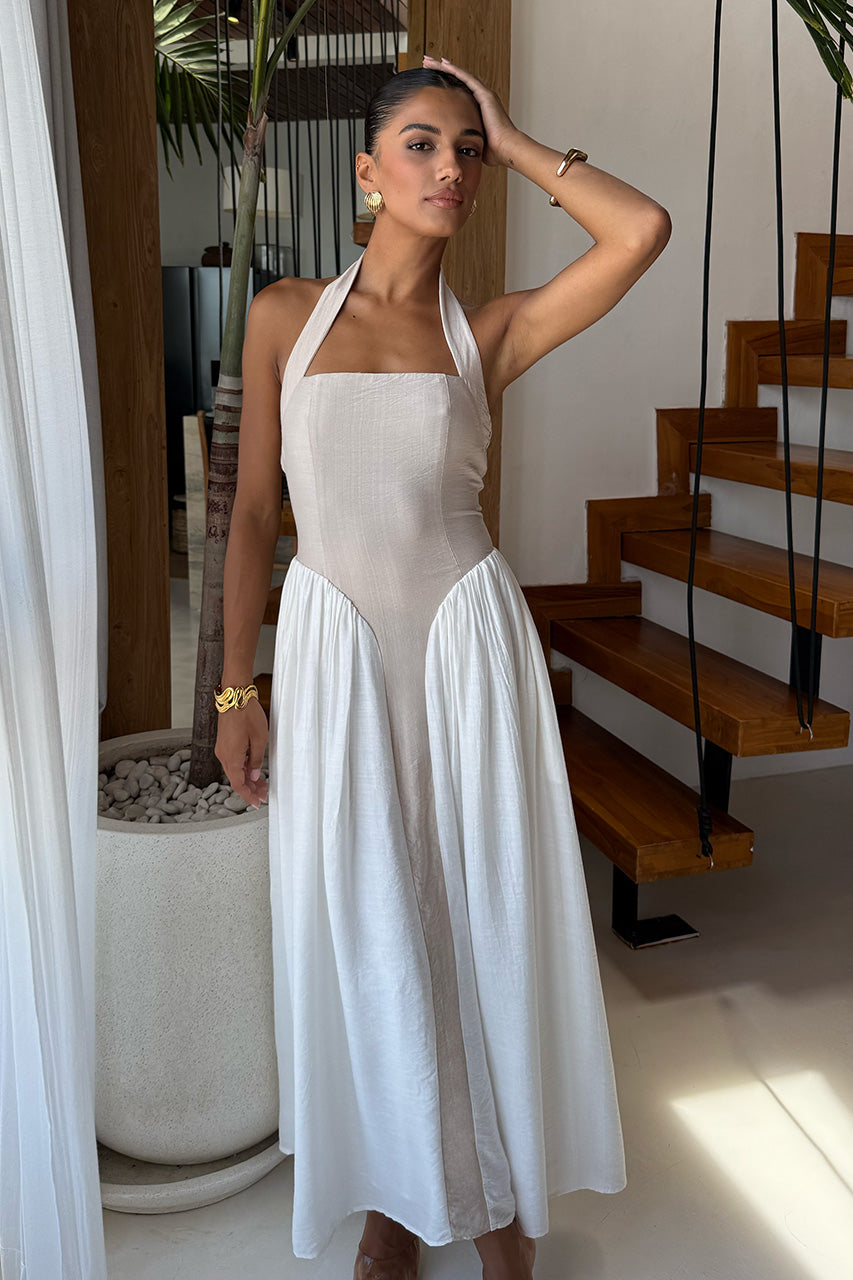 SAMMI MIDI DRESS - SAND/WHITE