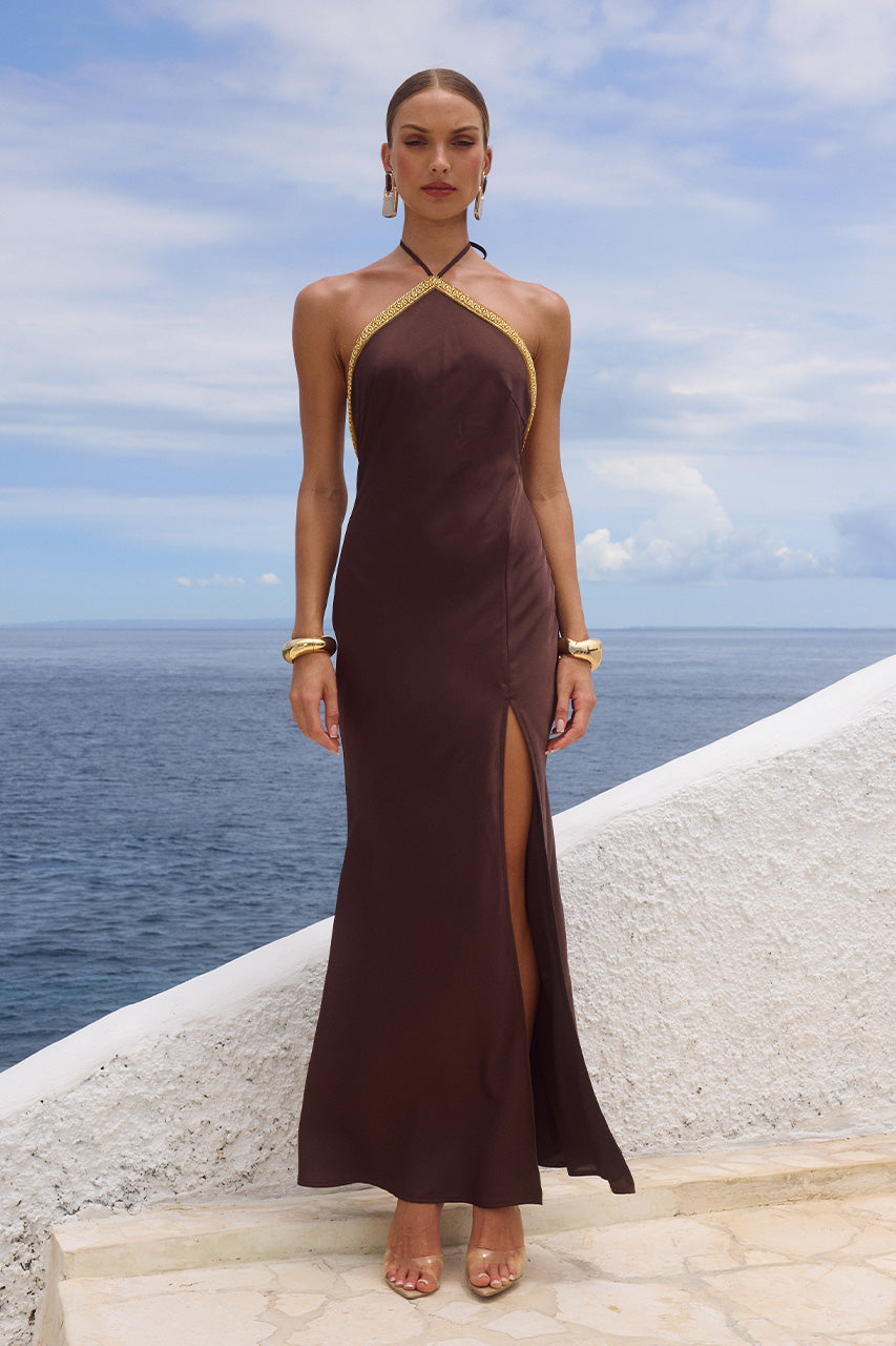 Runaway The Label SHAE HALTER MAXI DRESS in CHOCOLATE