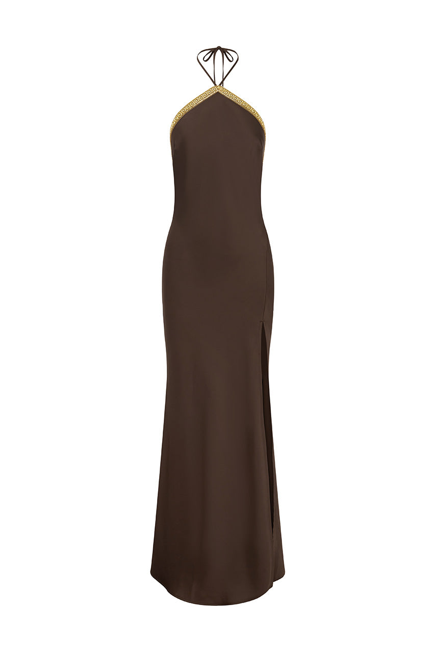 SHAE HALTER MAXI DRESS - BITTER CHOCOLATE | Runaway The Label