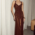 SILENE FRONT SPLIT LACE MAXI DRESS - CHOCOLATE