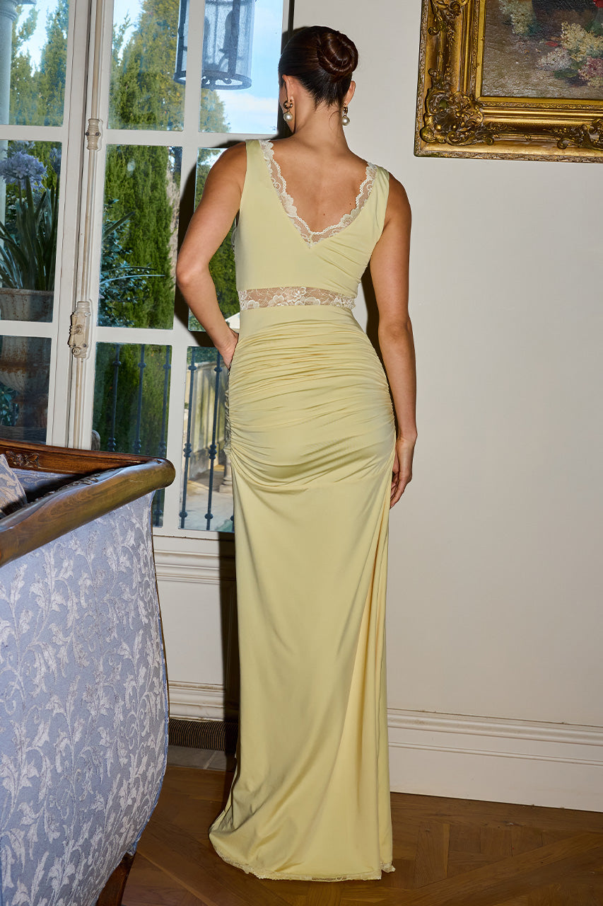 SOPHIA V-NECK LACE TRIM MAXI DRESS - BUTTER