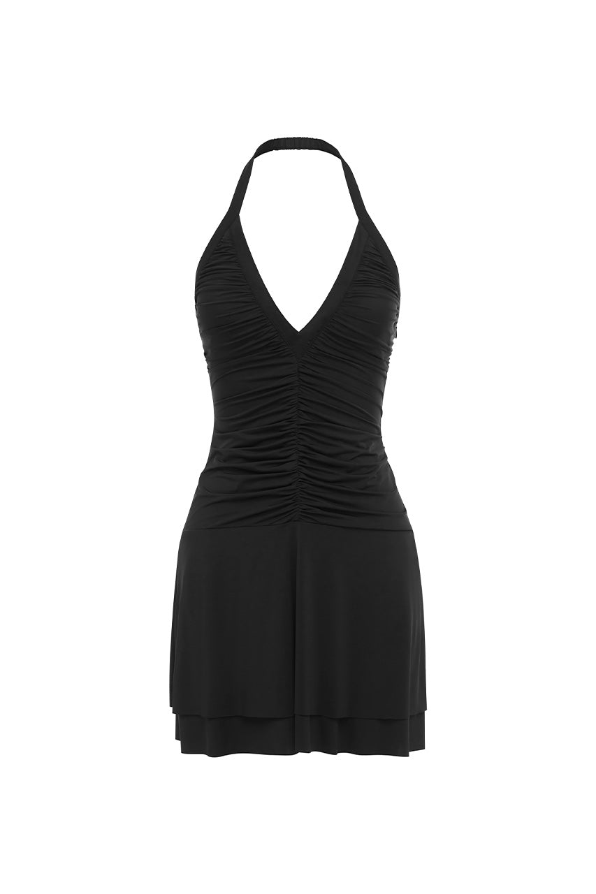 TAMINO HALTER RUCHED MINI DRESS - BLACK
