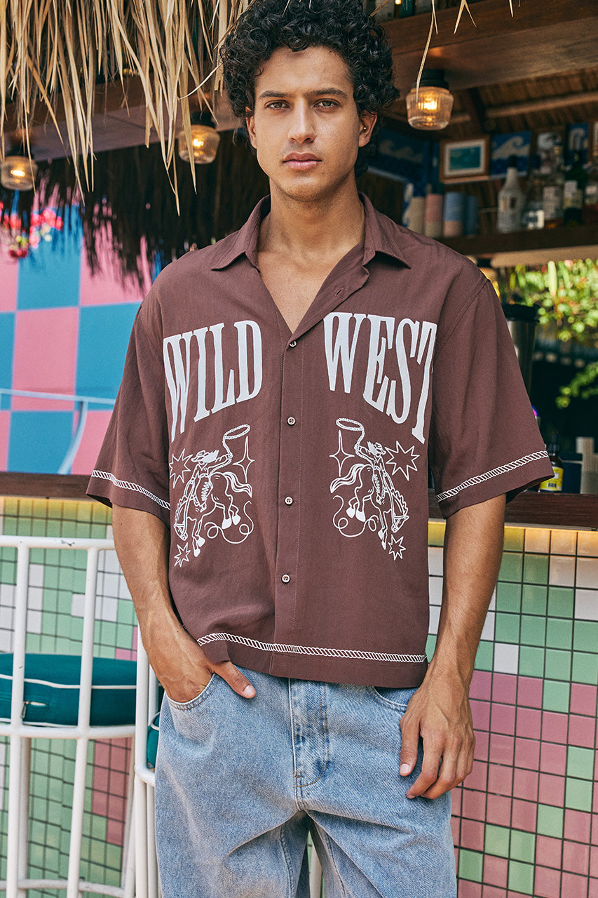 TEXAS WILD WEST SHORT SLEEVE SHIRT - CHOCOLATE