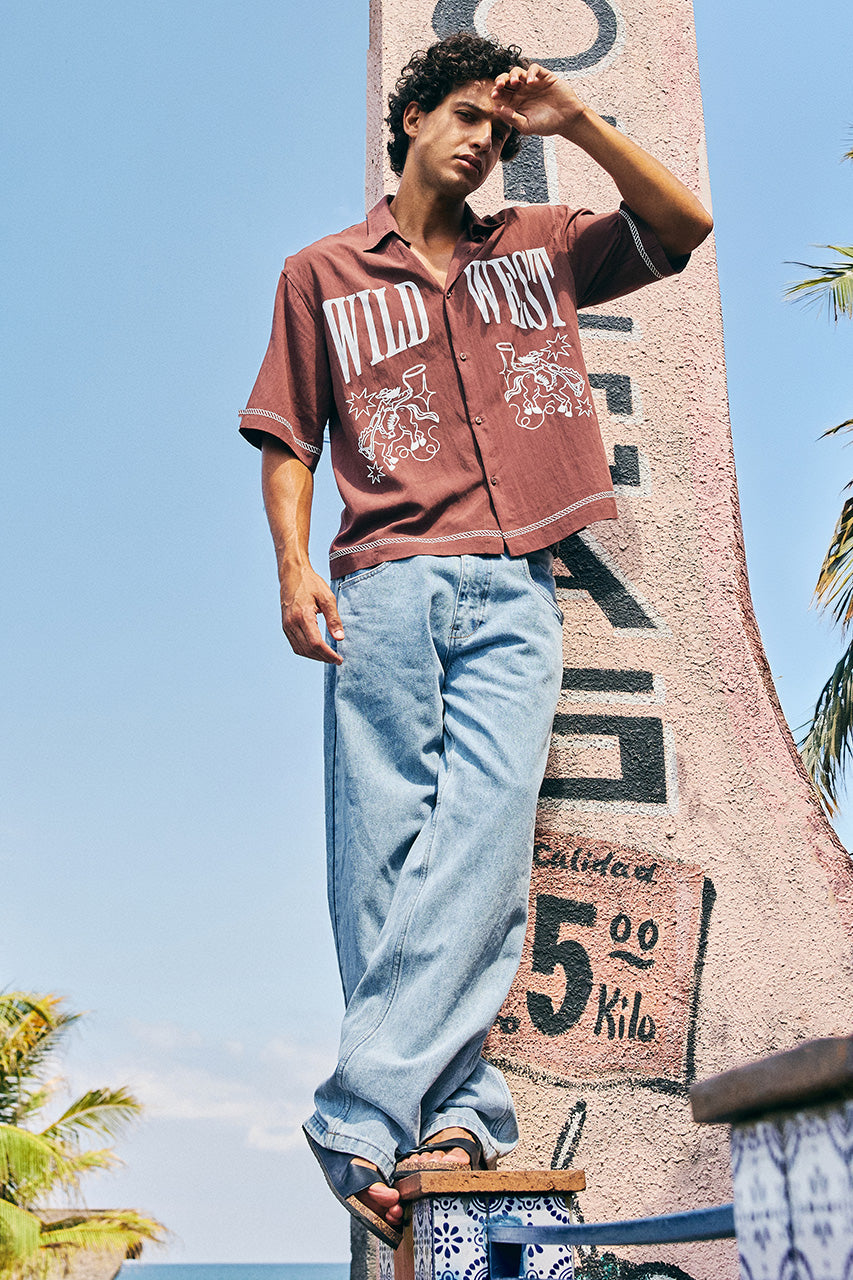 TEXAS WILD WEST SHORT SLEEVE SHIRT - CHOCOLATE