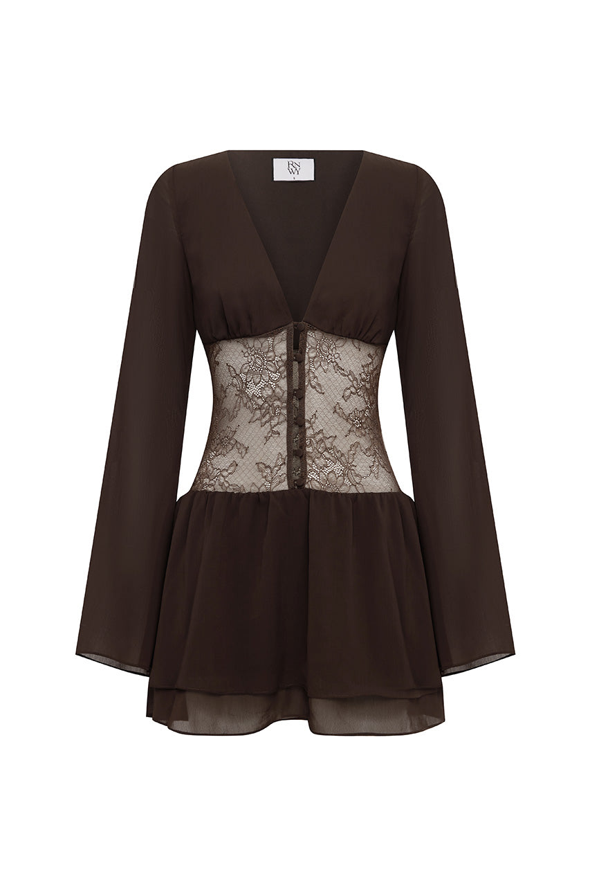 TOMMI LONG SLEEVE MINI DRESS - CHOCOLATE
