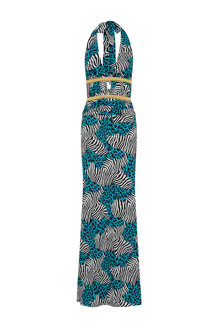 XYLIA HALTER LOW PLUNGE MAXI DRESS - DANTE TEAL
