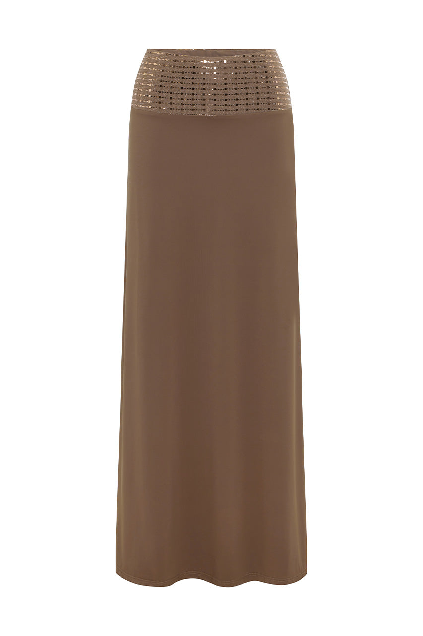 ZIVA SEQUIN WAISTBAND MAXI SKIRT - BRONZE