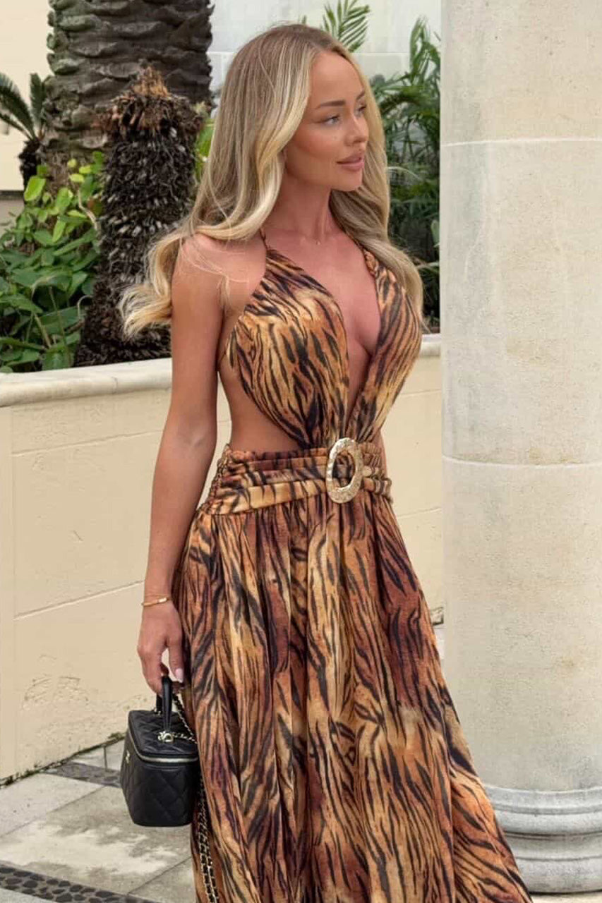FONTANA DEEP PLUNGE MAXI DRESS - TIGRESS BROWN