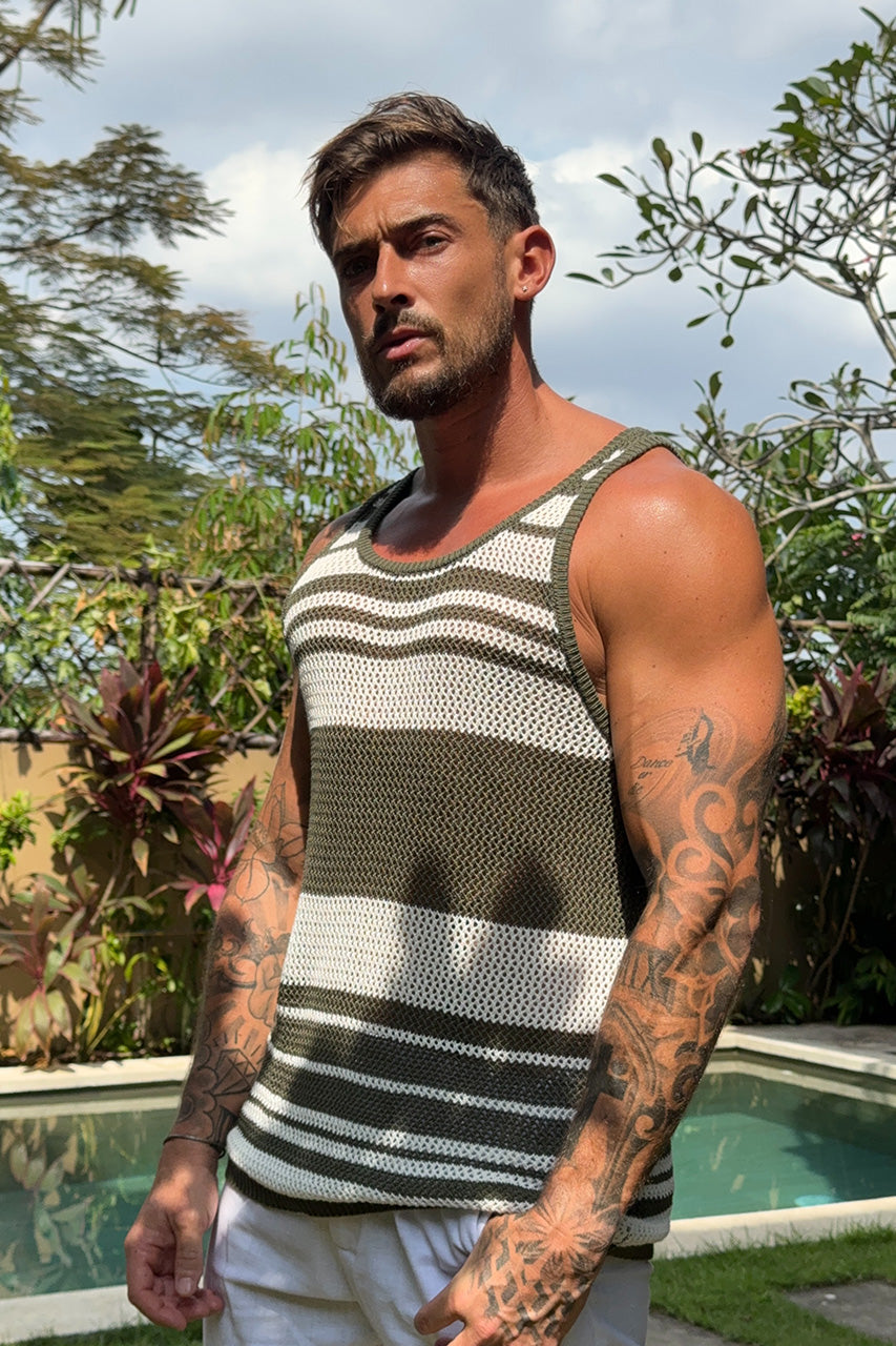 ALCHA TANK - KHAKI/WHITE STRIPE