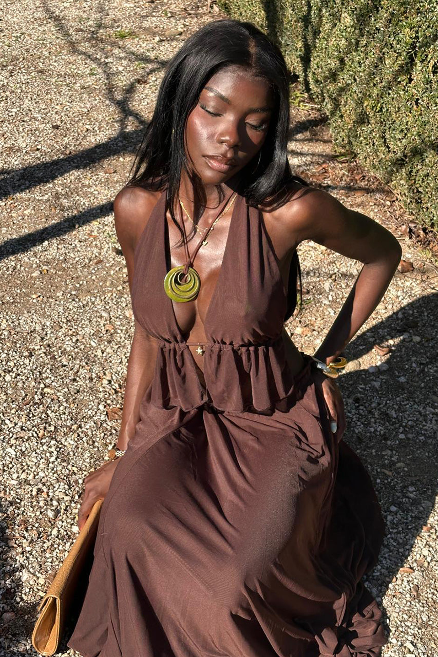 ELIO OPEN BACK HALTER TOP - BITTER CHOCOLATE