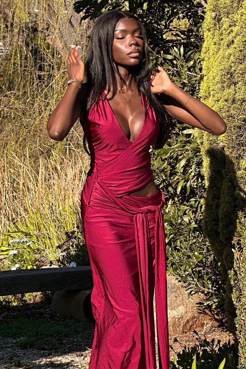 MAZINI DEEP PLUNGE MAXI DRESS - BERRY
